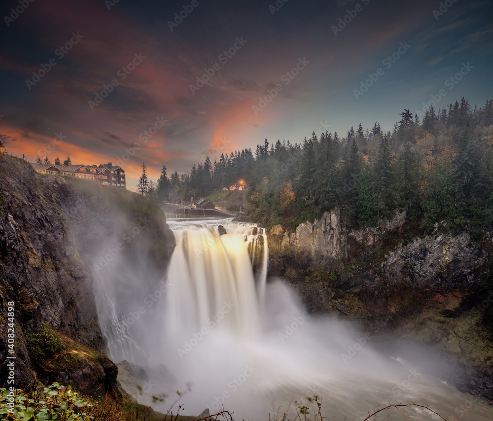 Snoqualmie Falls at sunset in Washington State