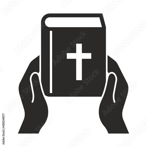Prayer icon. Holy bible in hands. Holding a bible. Vector icon isolated on white background.