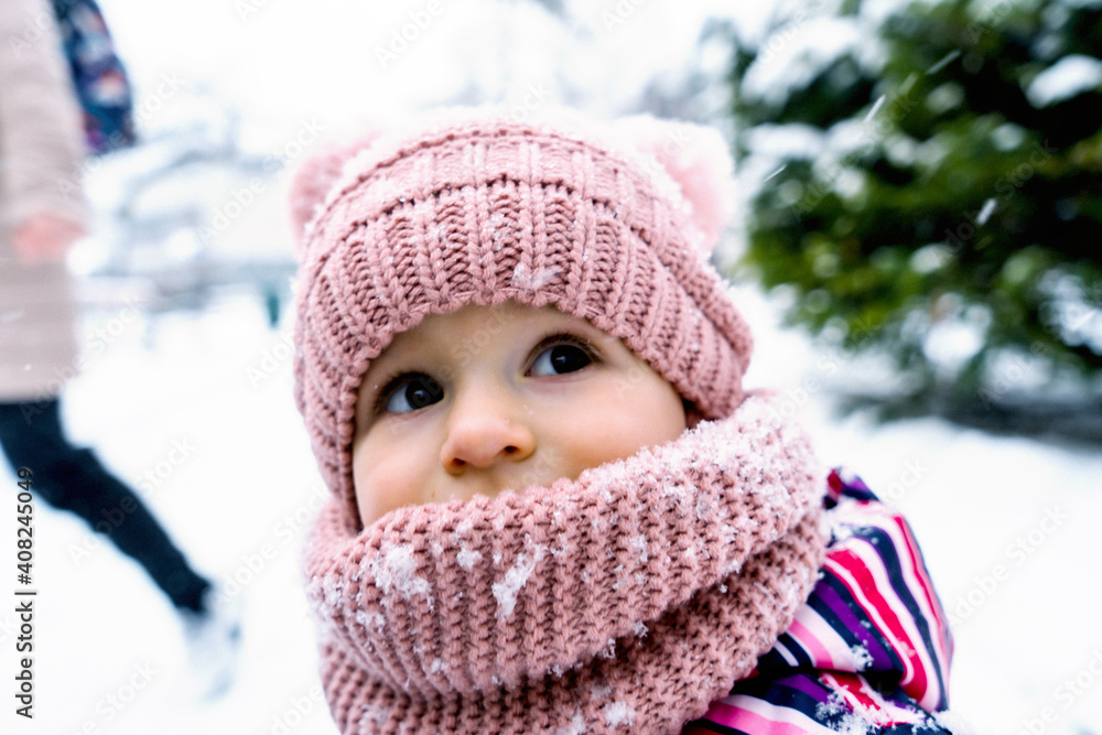 winter close up outdoor portrait of adorable dreamy baby winter close up outdoor portrait of adorable dreamy baby