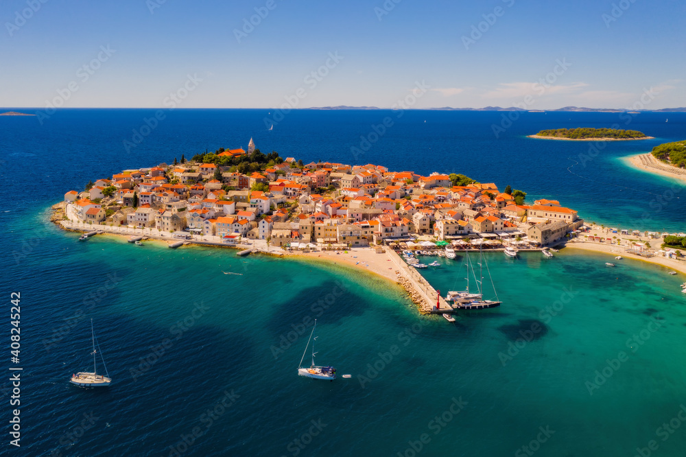 Primosten old town panorama. Aerial drone shoot in september 2020