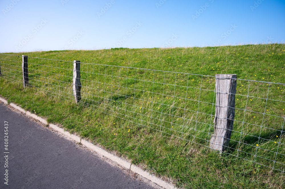 Fototapeta premium zaun aus draht mit holzpfosten an einer saftig grünen wiese mit blauem himmel
