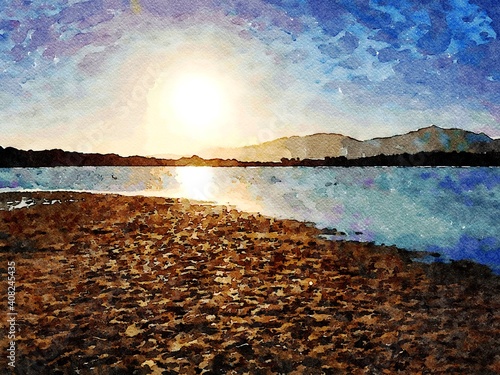 Fototapeta Naklejka Na Ścianę i Meble -  A sunset seen from one of the beaches of Sardinia in summer. Digital watercolors