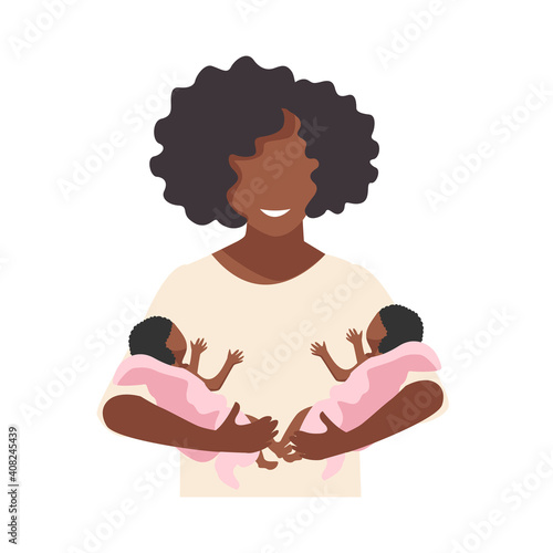 A beautiful black mother holds newborn twins in her arms. Happy twins mom. Flat vector illustration isolated on white background.