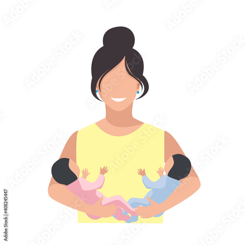Happy mother holds newborn twins in her arms. Happy twins mom. Flat vector illustration isolated on white background.