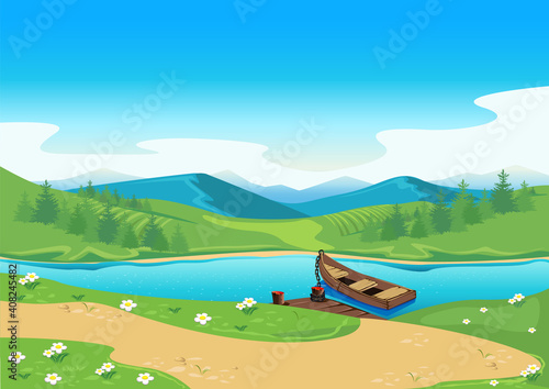 Rural landscape with mountains, flowers, path, river and boat. The boat is tied to the pier. Background vector illustration.