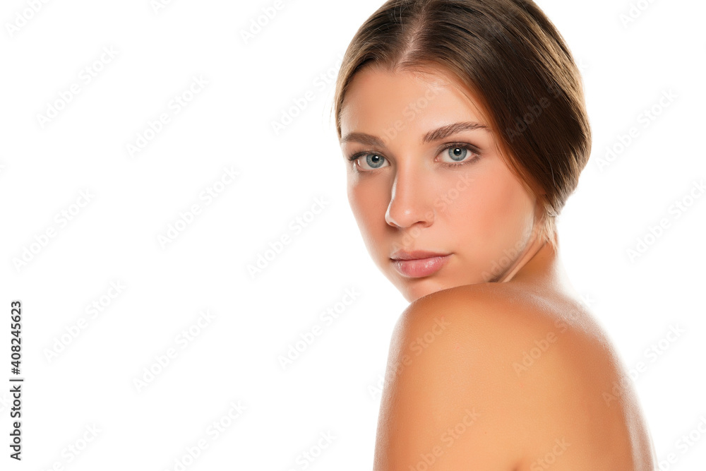 a young beautifu shirtless woman with blue eyes a young beautifu shirtless woman with blue eyes