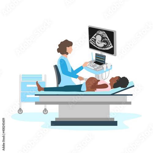 The doctor conducts an ultrasound examination of a pregnant woman in the office. A black pregnant woman lies on a couch in an ultrasound office. Medical technologies. Vector illustration isolated on w