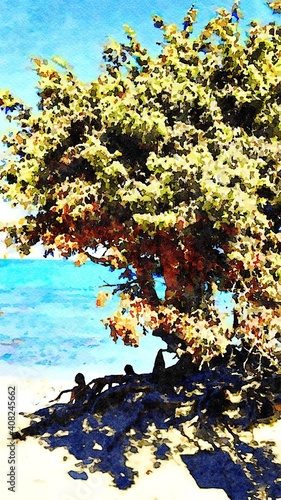 Tourists rest in the shade of a juniper by the sea in Sardinia in summer. Digital watercolors