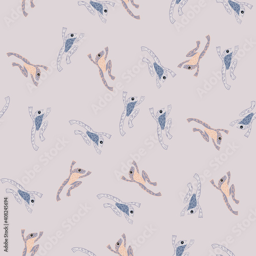 Pastel palette seamless pattern with random cartoon froggy silhouettes ornament. Light blue background.