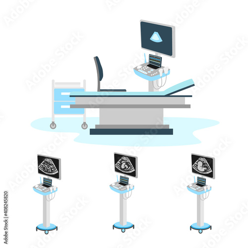 Set of vector illustration of an ultrasound office with an ultrasound machine, a couch and a bedside table isolated on a white background.
