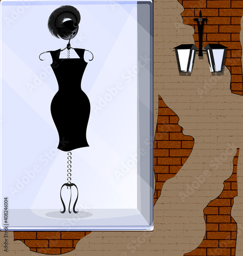 vector illistration stone wall and showcase with black dress