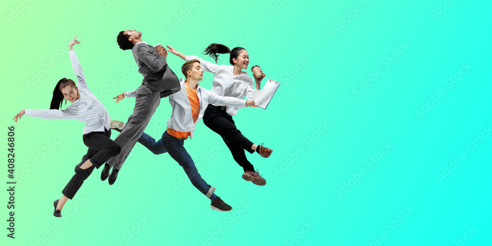 Fluid. Happy office workers jumping and dancing in casual clothes or suit isolated on gradient neon fluid background. Business, start-up, working open-space, motion, action concept. Creative collage.