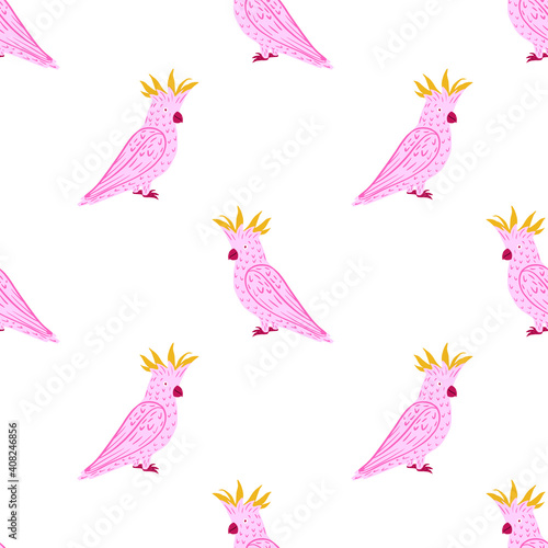 Isolated seamless pattern with simple pink parrot cockatoo shapes. White background. Jungle animal artwork.