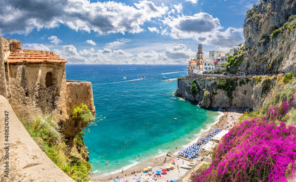 Landscape with wild beach in Atrani town at famous amalfi coast, Italy