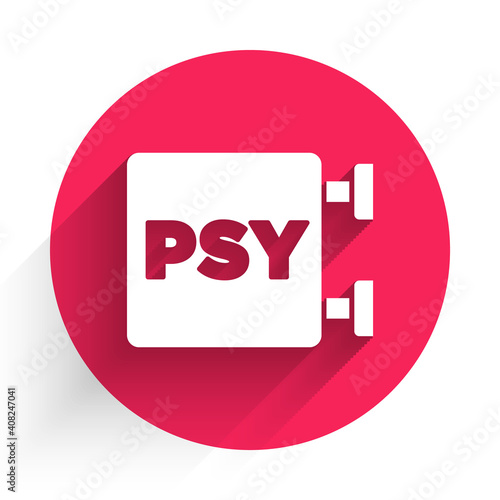 White Psychology icon isolated with long shadow. Psi symbol. Mental health concept, psychoanalysis analysis and psychotherapy. Red circle button. Vector.
