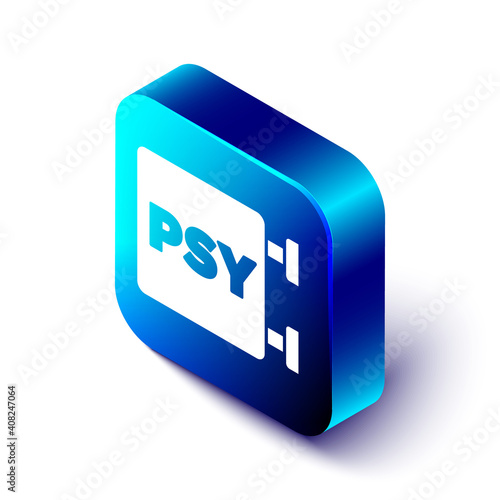 Isometric Psychology icon isolated on white background. Psi symbol. Mental health concept, psychoanalysis analysis and psychotherapy. Blue square button. Vector.