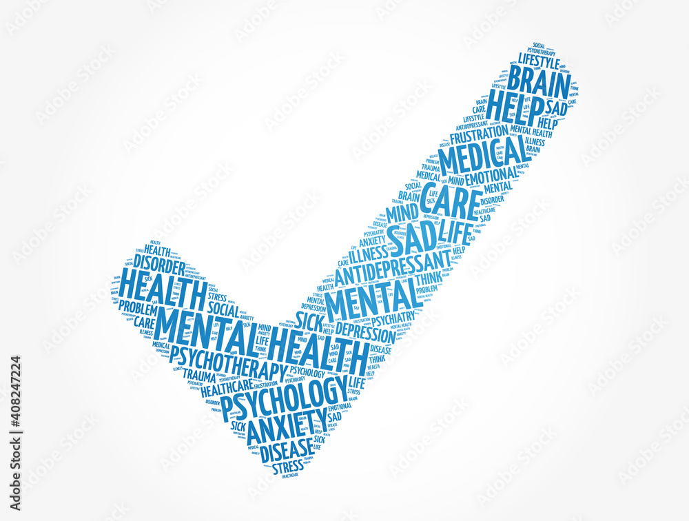 Mental health check mark word cloud collage, health concept background Mental health check mark word cloud collage, health concept background