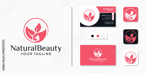 Natural beauty woman face logo and business card design template