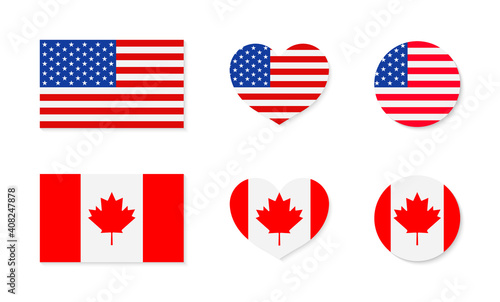 Canada and USA flags. North america. Canadian and american friendship. icon of maple for Canada. Icon of stars for USA. Flags in circles and hearts. Symbols for national independence. Vector