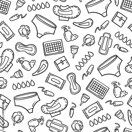 Vector cartoon pattern on the theme of Feminine hygiene, menstruation, health. Background with isolated hand drawn pads, panty liners, tampons, menstrual cup on white color