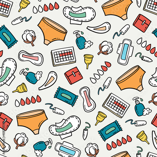 Vector cartoon pattern on the theme of Feminine hygiene, menstruation, health. Colorful background with hand drawn pads, panty liners, tampons, menstrual cup