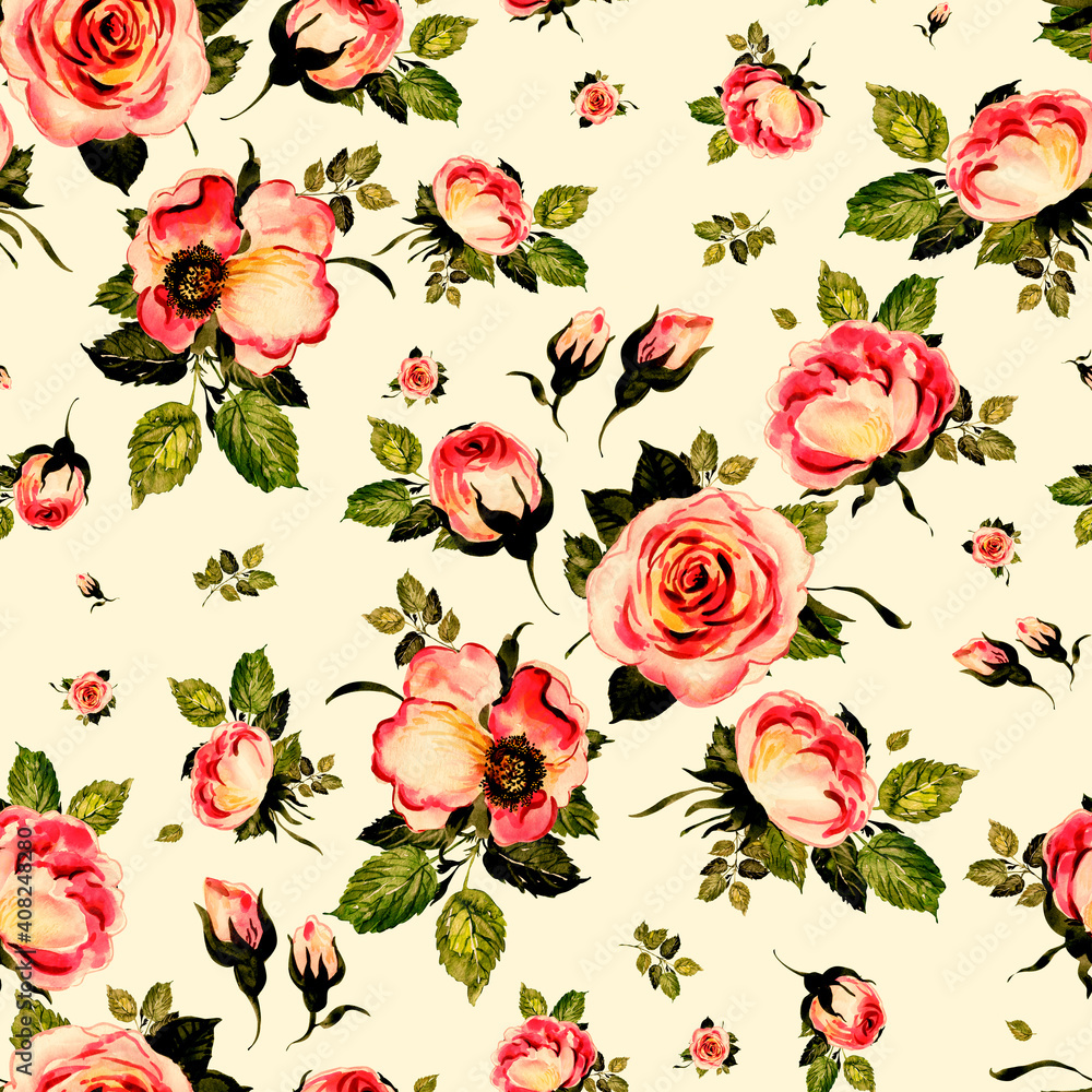 Abstract seamless lovely pattern drawn blooming roses with foliage Abstract seamless lovely pattern drawn blooming roses with foliage