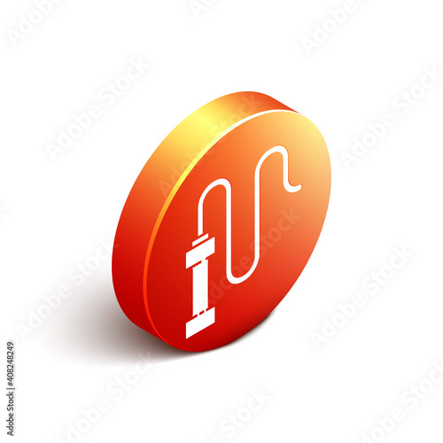 Isometric Braided leather whip icon isolated on white background. Orange circle button. Vector.
