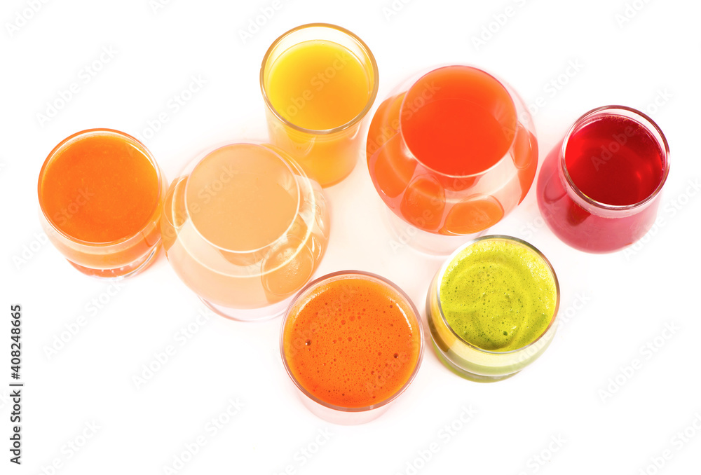 Glasses with fresh organic vegetable and fruit juices isolated on white. Glasses with fresh organic vegetable and fruit juices isolated on white.
