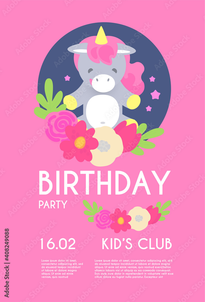 Kid birthday flyer template. Cute Unicorn with clouds and flowers Kid birthday flyer template. Cute Unicorn with clouds and flowers