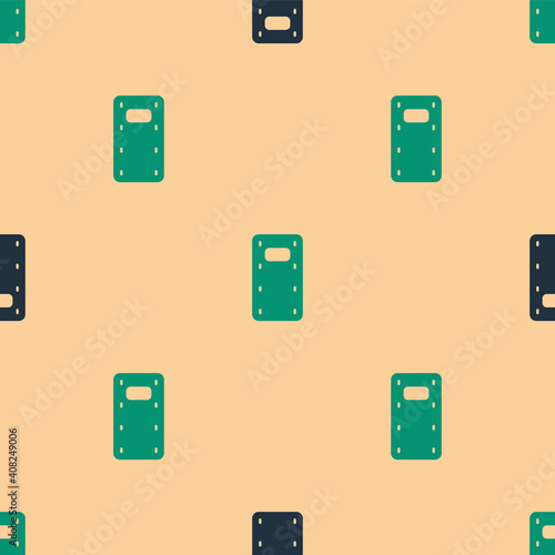 Green and black Military assault shield icon isolated seamless pattern on beige background. Vector.