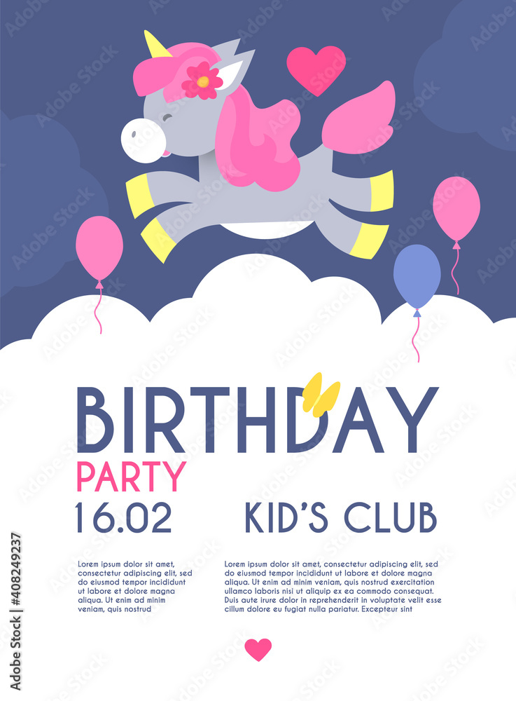 Kid birthday flyer template. Cute Unicorn with clouds and flowers Kid birthday flyer template. Cute Unicorn with clouds and flowers
