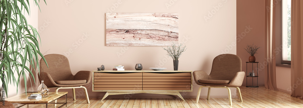 Interior of living room with armchairs and wooden sideboard 3d rendering - obrazy, fototapety, plakaty 
