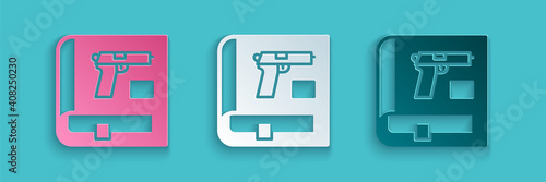 Paper cut Book with pistol or gun icon isolated on blue background. Police or military handgun. Small firearm. Weapon catalog. Paper art style. Vector.