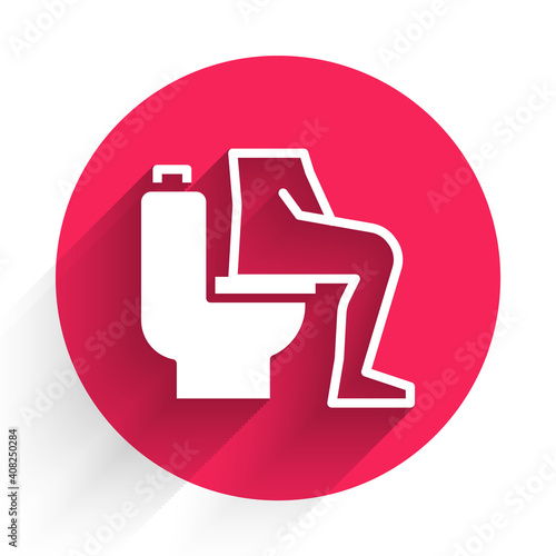 White Men sitting on the toilet and Constipation are experiencing severe abdominal pain icon isolated with long shadow. Red circle button. Vector.