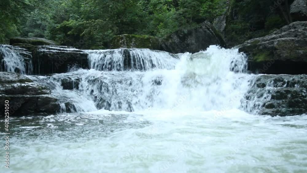 Forest river with beautiful waterfalls. Summer in the forest. Trees over the river. Waterfall cascade The beauty of the wild Forest river with beautiful waterfalls. Summer in the forest. Trees over the river. Waterfall cascade The beauty of the wild