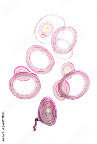 juicy raw onion cut into rings sprinkled on a white plate