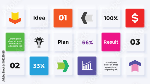 Neumorphic Vector Infographic. Presentation slide template. Data visualization. Scheme with processes. Business structure.