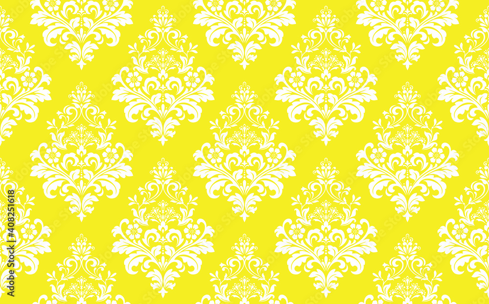 Wallpaper in the style of Baroque. Seamless vector background. White and yellow floral ornament. Graphic pattern for fabric, wallpaper, packaging. Ornate Damask flower ornament Wallpaper in the style of Baroque. Seamless vector background. White and yellow floral ornament. Graphic pattern for fabric, wallpaper, packaging. Ornate Damask flower ornament
