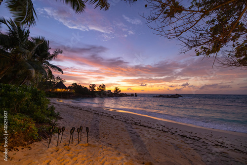 Sunset view of the Indian Ocean from Pointe Ste Marie on Praslin Island in the Seychelles 