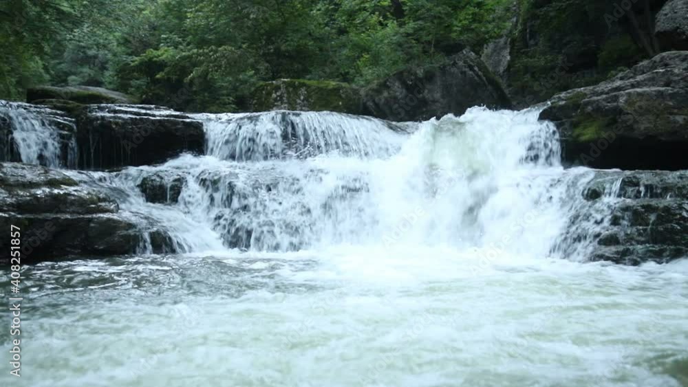 Forest river with beautiful waterfalls. Summer in the forest. Trees over the river. Waterfall cascade The beauty of the wild - Slow Motion Forest river with beautiful waterfalls. Summer in the forest. Trees over the river. Waterfall cascade The beauty of the wild - Slow Motion