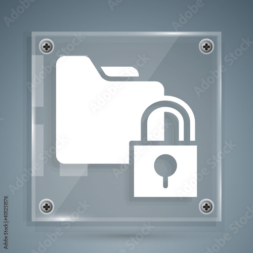 White Folder and lock icon isolated on grey background. Closed folder and padlock. Security, safety, protection concept. Square glass panels. Vector.