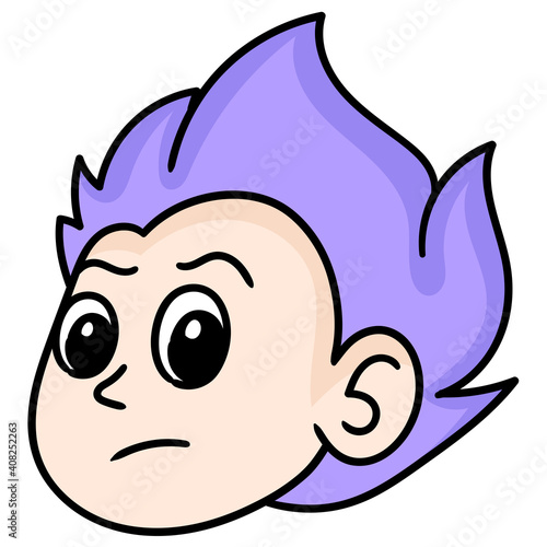 head emoticon of a purple haired man with an arrogant face, doodle icon image kawaii
