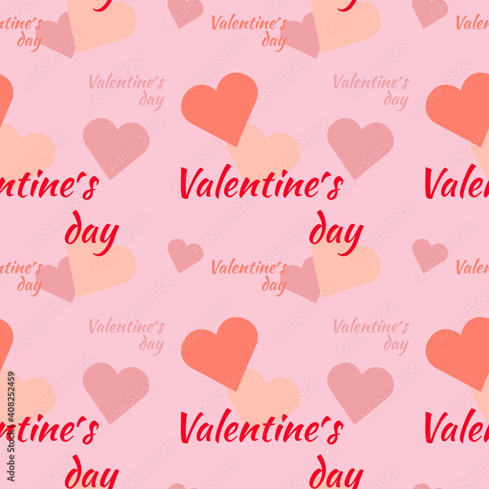 Seamless repeating pattern for valentine s day. Vector romantic pattern with hearts and an inscription on a pink background.