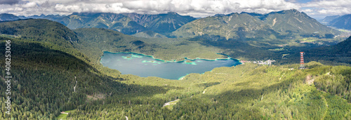 Aerial panorama view of Eibsee Lake at foot of Zugspitze in Germany
