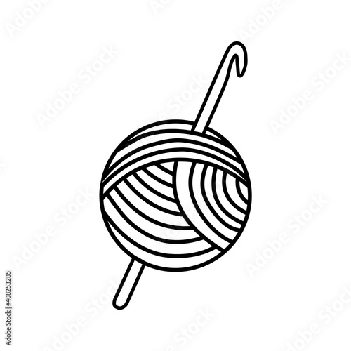 Doodle vector illustration of round yarn skein with crochet hook. Knitting crocheting hobby crafts concept. Icon for handmade business photo