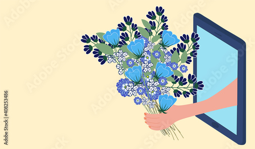Online Shopping. Buy flowers on mobile app using phone. Celebrate Valentine Day, Birthday Holiday. Delivery bouquet of flowers online order from smartphone. Internet Digital Post Flat vector