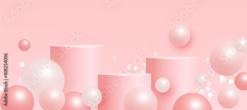 Pink podium shelf or empty pedestal display on minimal background. Soft color scene with geometrical bubble forms for product presentation. Vector illustration
