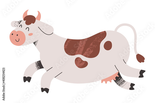 Cute cow jumping with happy face expression, farm animal illustration, illutrated mascot, vector clip art isolated