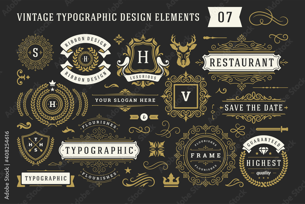 Vintage typographic decorative ornament design elements set vector illustration - obrazy, fototapety, plakaty 