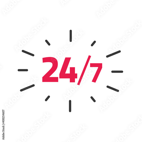 24-7 service label vector, 24 hours by 7 days a week open working time badge tag, concept of support sticker business hours